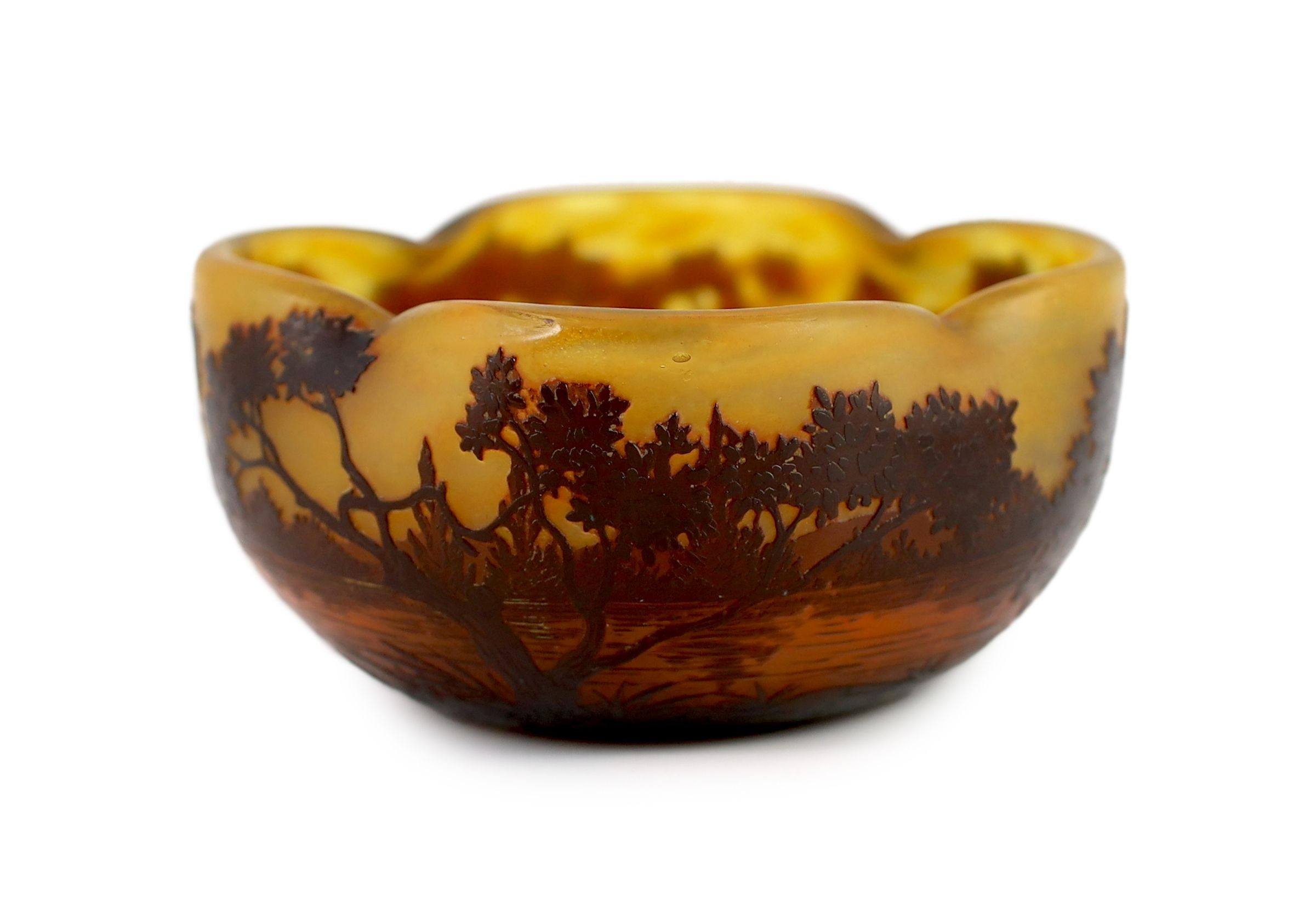 A Daum cameo glass ‘dusk river landscape’ bowl, c.1905, 15.5 cm wide